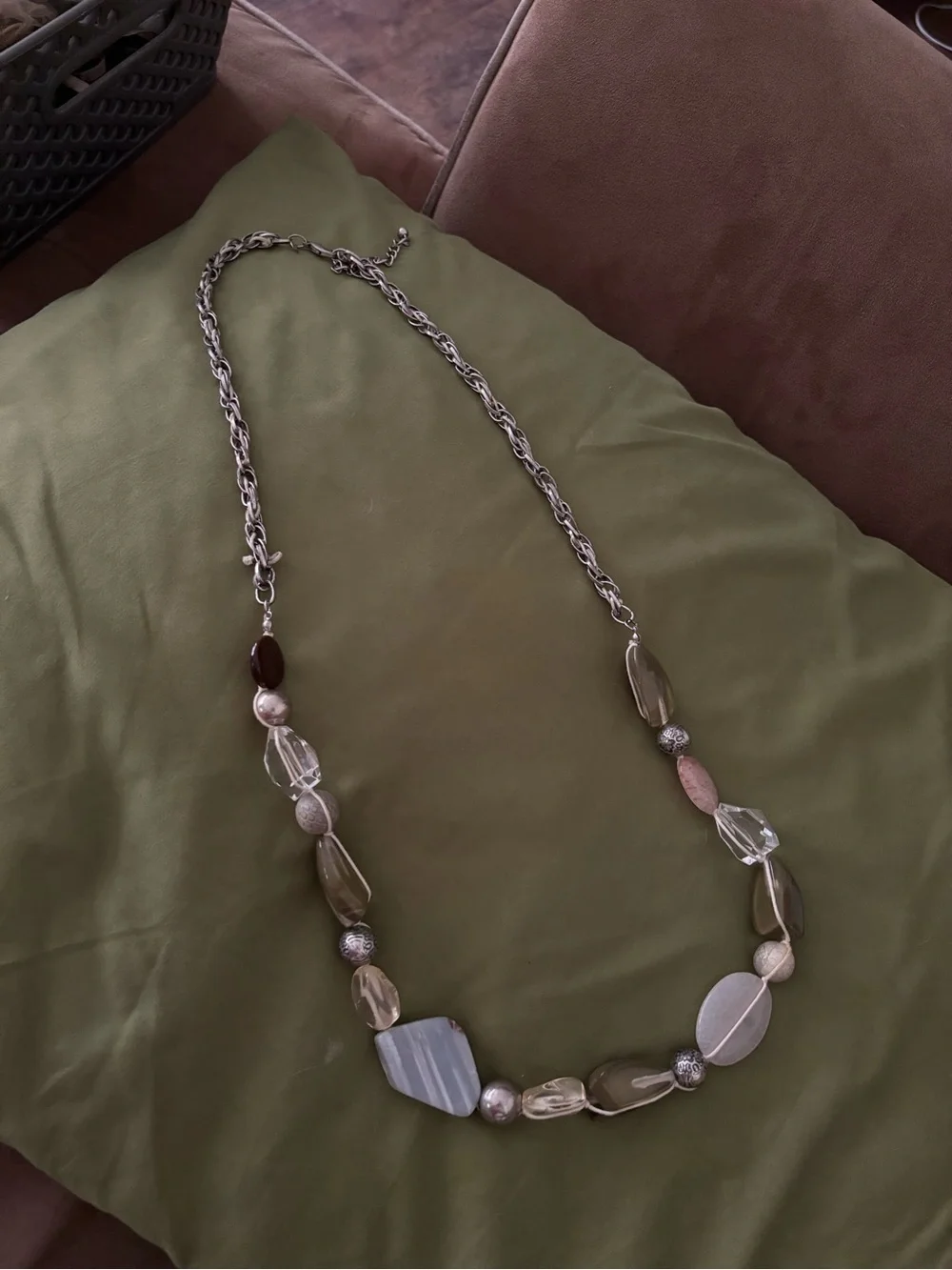 Chico's Mixed Bead Necklace in Olive, Taupe and Silver